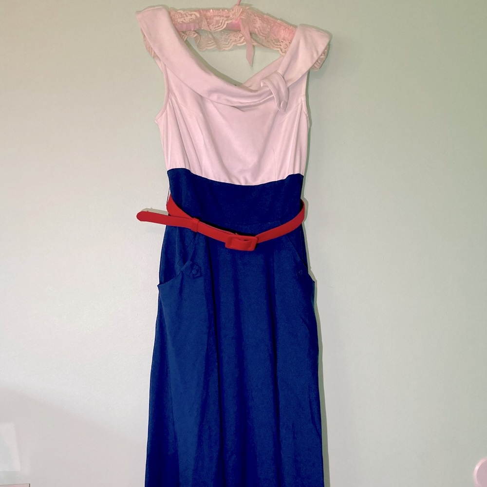 Unique Vintage Belted Sundress Red, White, & Blue